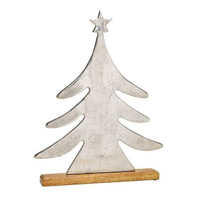 Tannenbaum auf Mangoholz Sockel aus Metall Silber (B/H/T) 37x46x5cm