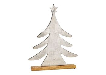 Sapin de Noël sur socle en bois de manguier en métal argenté (L/H/P) 37x46x5cm