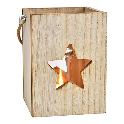 Windlicht Stern Dekor aus Holz/Glas Natur (B/H/T) 14x19x14cm