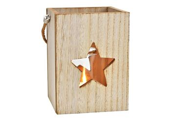 Lanterne décor étoile en bois/verre naturel (L/H/P) 14x19x14cm