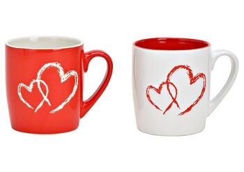 Mug décor coeur en faïence rouge, blanc 2 plis, (L/H/P) 11x9x8cm 300ml