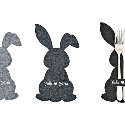 Porta cubiertos Conejito de Pascua con texto "Feliz Pascua", de fieltro gris, 2 unidades, (Al.) 22 cm