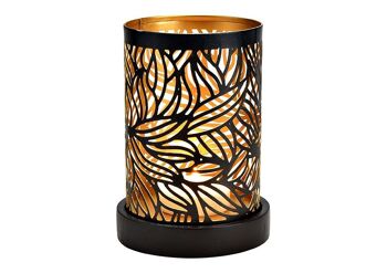 Lanterne décor fleur sur socle en bois de manguier en métal noir, doré (L/H/P) 12x16x12cm