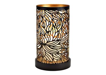 Lanterne décor fleur sur socle en bois de manguier en métal noir, doré (L/H/P) 13x22x13cm