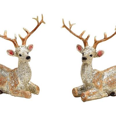 Cerf à paillettes, couché, en poly champagne 2 fois, (L/H/P) 10x11x7cm