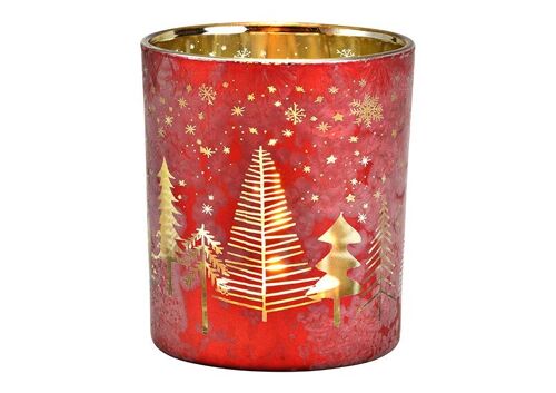 Windlicht Tannenbaum Dekor aus Glas Rot, gold (B/H/T) 9x10x9cm