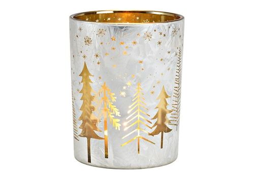 Windlicht Tannenbaum Dekor aus Glas Weiß, gold (B/H/T) 10x12x10cm