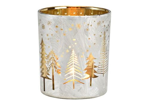 Windlicht Tannenbaum Dekor aus Glas Weiß, gold (B/H/T) 9x10x9cm