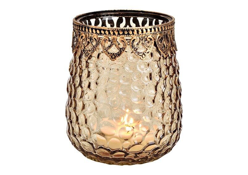 Farol con borde metálico de cristal marrón (An/Al/Pr) 11x14x11cm