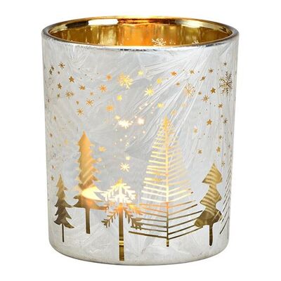 Windlicht Tannenbaum Dekor aus Glas Weiß, gold (B/H/T) 7x8x7cm