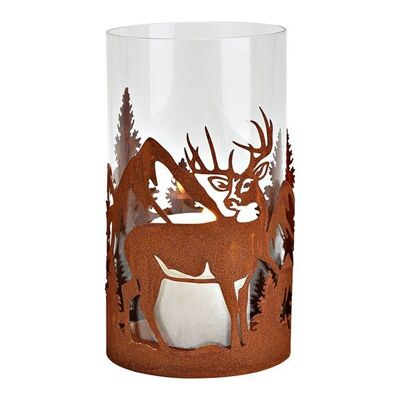 Lanterna foresta invernale decoro cervo finitura arrugginita, in metallo, vetro marrone (L/A/P) 12x21x12 cm
