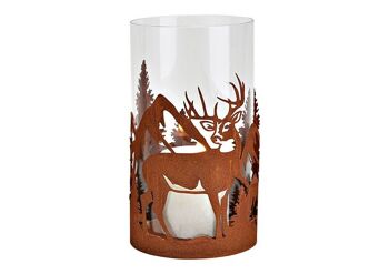 Lanterne hiver forêt décor cerf finition rouillée, en métal, verre marron (L/H/P) 12x21x12cm