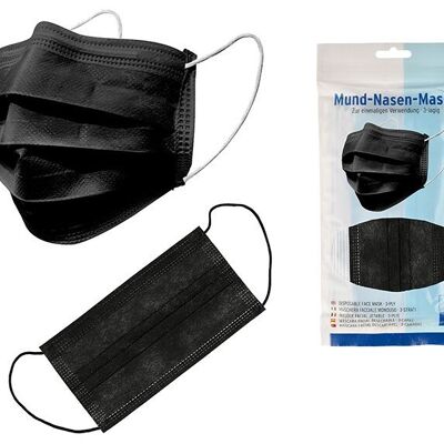 Mund-Nasen-Maske, 10er Beutel, mit Ohrschlaufen, Vliesstoff 100% Polypropylene PP, 3-lagig, Schwarz