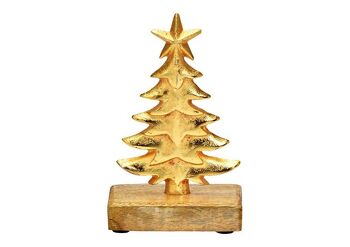 Pied de sapin de Noël sur socle en bois de manguier, en métal doré (L/H/P) 10x16x5cm