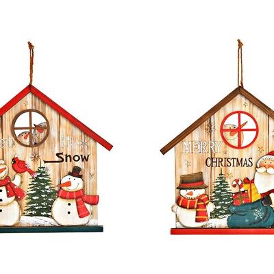 Casa da appendere con Babbo Natale e pupazzo di neve in legno, 2 pieghe, naturale/rosso/verde (L/A/P) 30x28x2 cm