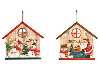 Maison suspendue avec Père Noël et bonhomme de neige en bois, 2 volets, naturel/rouge/vert (L/H/P) 30x28x2cm