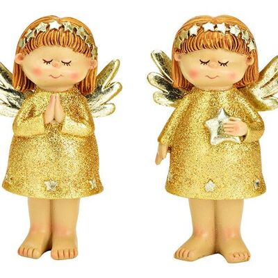 Angelo con glitter in poly gold 2 volte, (L/A/P) 7x13x4 cm