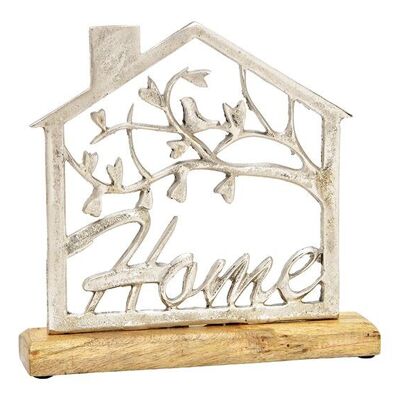 Aufsteller Haus, Schriftzug, Home, auf Mangoholz Sockel, aus Metall Silber (B/H/T) 25x24x5cm