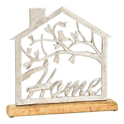 Soporte para casa con texto "Home", sobre base de madera de mango, de metal plateado (ancho/alto/fondo) 30x29x5cm