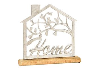 Support de maison, lettrage, Home, sur socle en bois de manguier, en métal argenté (L/H/P) 30x29x5cm