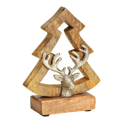 Supporto per albero di Natale, con decorazione testa di cervo in metallo, in legno di mango marrone (L/A/P) 14x18x5 cm