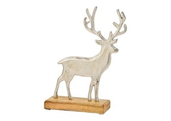 Support cerf sur socle en bois de manguier en métal argenté (L/H/P) 21x27x6cm