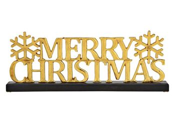 Inscription sur pied, Joyeux Noël, sur socle en bois de manguier, en métal doré, noir (L/H/P) 46x17x5cm