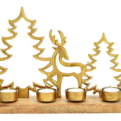 Adventsgesteck Teelichthalter, Hirsch Baum Dekor, auf Mangoholz Sockel, aus Metall Gold (B/H/T) 34x25x9cm