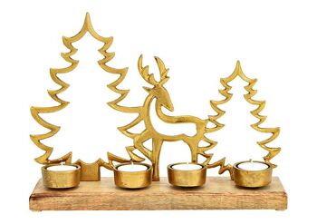 Photophore arrangement de l'Avent, décor cerf, sur socle en bois de manguier, en métal doré (L/H/P) 34x25x9cm