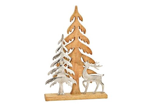 Aufsteller Tannenbaum mit Metall Hirsch, Baum Dekor, aus Mangoholz Natur (B/H/T) 35x52x7cm