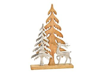 Support pour sapin de Noël avec cerf en métal, décoration d'arbre, en bois de manguier naturel (L/H/P) 35x52x7cm