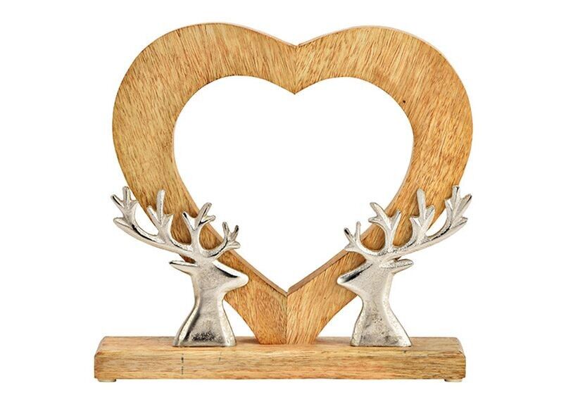 Stand heart with metal deer head decoration, made of natural mango wood (W/H/D) 26x26x6cm