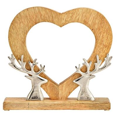 Support cœur à décor de tête de cerf en métal, en bois de manguier naturel (L/H/P) 26x26x6cm