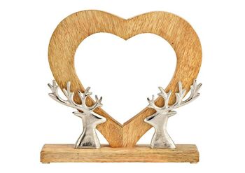 Support cœur à décor de tête de cerf en métal, en bois de manguier naturel (L/H/P) 26x26x6cm