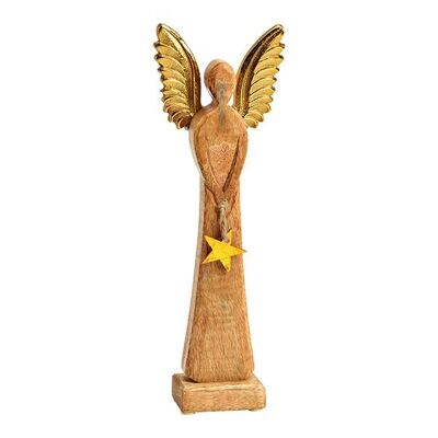 Angelo da esposizione con ali di metallo, ciondolo a stella in legno di mango marrone, oro (L/A/P) 12x34x6 cm