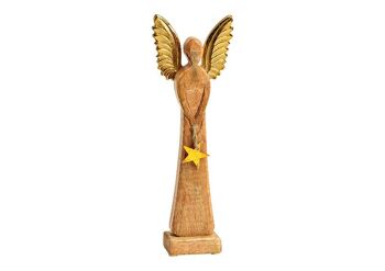 Présentoir ange avec ailes en métal, pendentif étoile en bois de manguier marron, or (L/H/P) 12x34x6cm