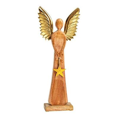 Angelo da esposizione con ali di metallo, ciondolo a stella in legno di mango marrone, oro (L/A/P) 17x45x6 cm