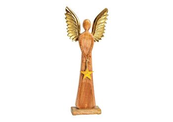 Présentoir ange avec ailes en métal, pendentif étoile en bois de manguier marron, or (L/H/P) 17x45x6cm