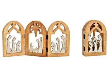 Support de crèche dans une fenêtre pliante en bois de manguier, en métal argenté (L/H/P) 49x25x2cm