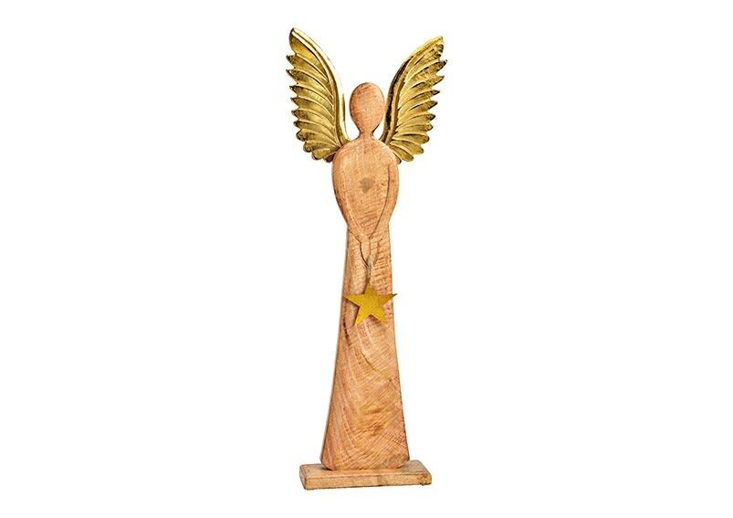 Stand angel with metal wings, star pendant made of mango wood brown, gold (W/H/D) 23x70x8cm