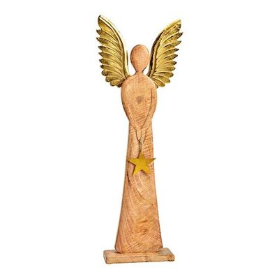 Angelo da esposizione con ali di metallo, ciondolo a stella in legno di mango marrone, oro (L/A/P) 23x70x8cm