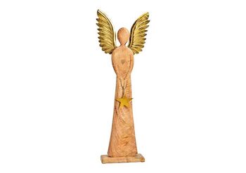 Présentoir ange avec ailes en métal, pendentif étoile en bois de manguier marron, or (L/H/P) 23x70x8cm