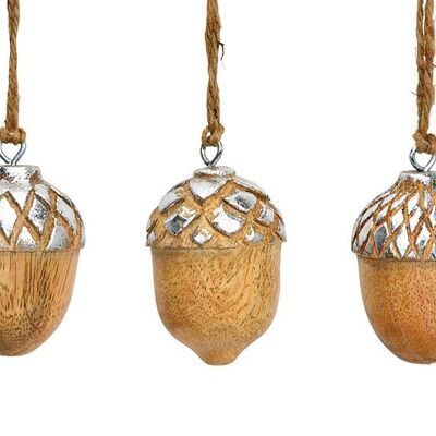 Gland de Noël à suspendre en bois de manguier, triple, naturel/argenté (L/H/P) 5x6x5cm