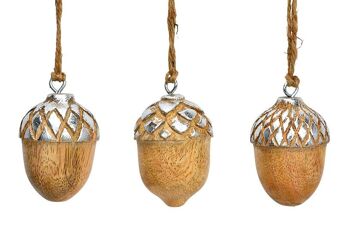 Gland de Noël à suspendre en bois de manguier, triple, naturel/argenté (L/H/P) 5x6x5cm