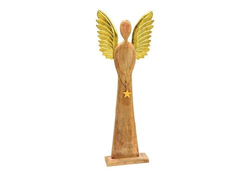 Aufsteller Engel mit Metall Flügeln, Stern Anhänger, aus Mangoholz Braun, gold (B/H/T) 45x115x13cm