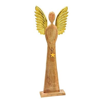 Angelo da esposizione con ali di metallo, pendente a stella, in legno di mango marrone, oro (L/A/P) 45x115x13 cm