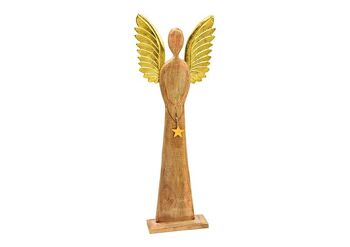 Présentoir ange avec ailes en métal, pendentif étoile, en bois de manguier marron, or (L/H/P) 45x115x13cm
