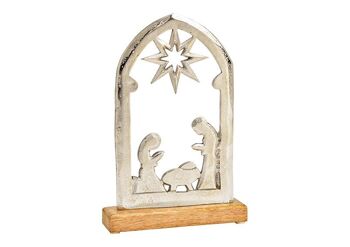 Support de crèche sur socle en bois de manguier, en métal argenté (L/H/P) 18x27x5cm