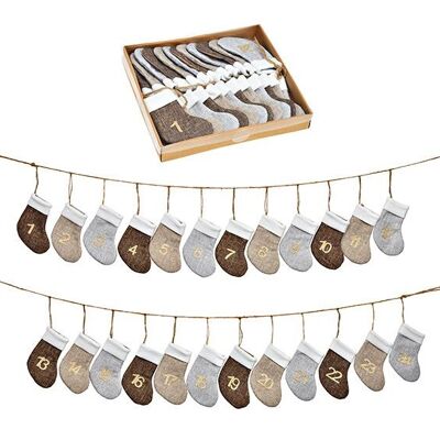 Adventskalender aus Textil, 24 Socken (B/H) 9x14cm, Braun 220cm