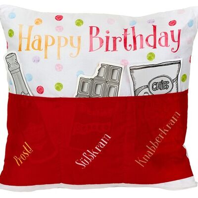 Cuscino, eroi del divano, Happy Birthday in tessuto rosso (L/A/P) 40x40x8 cm